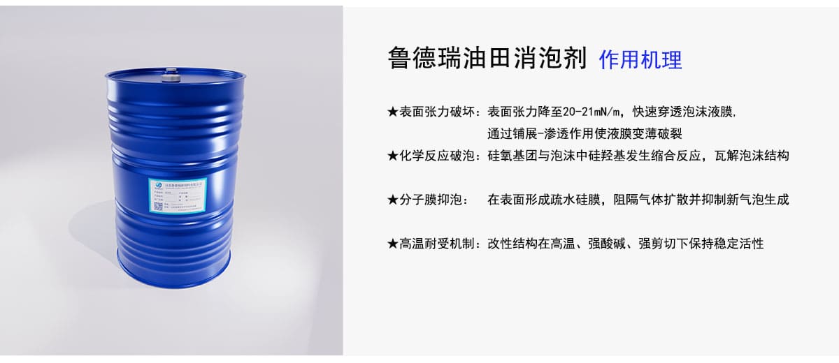 鲁德瑞油田消泡剂作用机理
★表面张力破坏：表面张力降至20-21mN/m，快速穿透泡沫液膜，
通过铺展-渗透作用使液膜变薄破裂
★化学反应破泡：硅氧基团与泡沫中硅羟基发生缩合反应，瓦解泡沫结构
★分子膜抑泡：在表面形成疏水硅膜，阻隔气体扩散并抑制新气泡生成
★高温耐受机制：改性结构在高温、强酸碱、强剪切下保持稳定活性