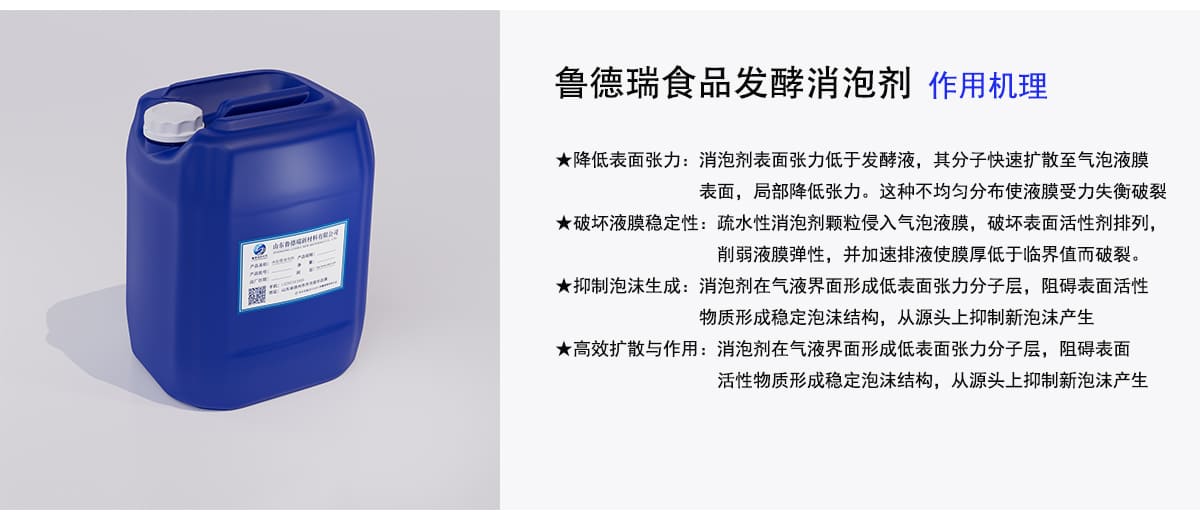 鲁德瑞食品发酵消泡剂作用机理
★降低表面张力：消泡剂表面张力低于发酵液，其分子快速扩散至气泡液膜
表面，局部降低张力。这种不均匀分布使液膜受力失衡破裂
★破坏液膜稳定性：疏水性消泡剂颗粒侵入气泡液膜，破坏表面活性剂排列，
削弱液膜弹性，并加速排液使膜厚低于临界值而破裂。
★抑制泡沫生成：消泡剂在气液界面形成低表面张力分子层，阻碍表面活性
物质形成稳定泡沫结构，从源头上抑制新泡沫产生
★高效扩散与作用：消泡剂在气液界面形成低表面张力分子层，阻碍表面
活性物质形成稳定泡沫结构，从源头上抑制新泡沫产生