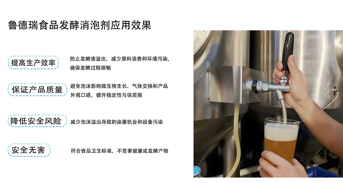 鲁德瑞食品发酵消泡剂应用效果
提高生产效率
防止发酵液溢出，减少原料浪费和环境污染，
确保发酵过程顺畅
保证产品质量
避免泡沫影响微生物生长、气体交换和产品
外观口感，提升稳定性与保质期
降低安全风险
减少泡沫溢出导致的染菌机会和设备污染
安全无害
符合食品卫生标准，不危害健康或发酵产物