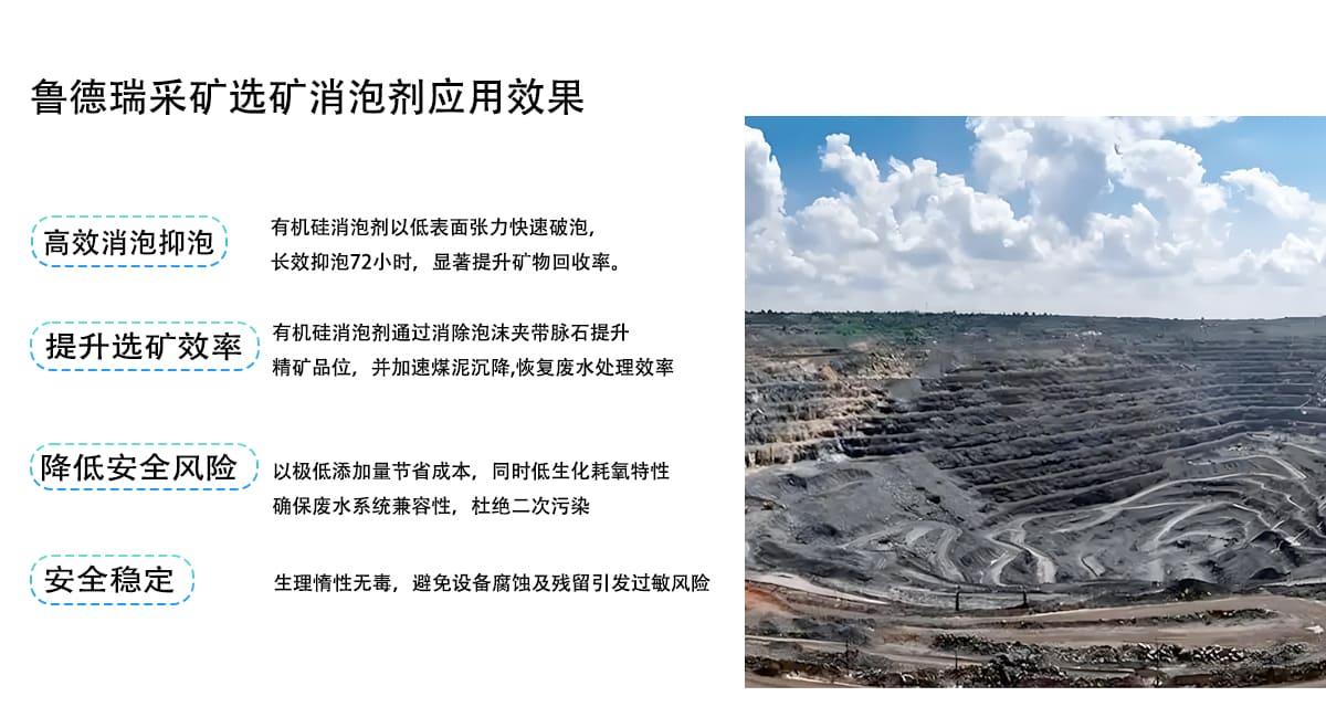 鲁德瑞采矿选矿消泡剂应用效果
有机硅消泡剂以低表面张力快速破泡，
高效消泡抑泡
长效抑泡72小时，显著提升矿物回收率。
有机硅消泡剂通过消除泡沫夹带脉石提升
提升选矿效率
精矿品位，并加速煤泥沉降，恢复废水处理效率
降低安全风险
以极低添加量节省成本，同时低生化耗氧特性
确保废水系统兼容性，杜绝二次污染
安全稳定
生理情性无毒，避免设备腐蚀及残留引发过敏风险