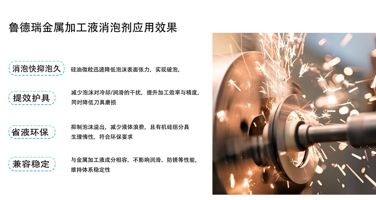 鲁德瑞金属加工液消泡剂应用效果
消泡快抑泡久
硅油微粒迅速降低泡沫表面张力，实现破泡，
提效护具
减少泡沫对冷却/润滑的干扰，提升加工效率与精度，
同时降低刀具磨损
抑制泡沫溢出，减少液体浪费，且有机硅组分具
省液环保
生理情性，符合环保要求
兼容稳定
与金属加工液成分相容，不影响润滑、防锈等性能，
维持体系稳定性