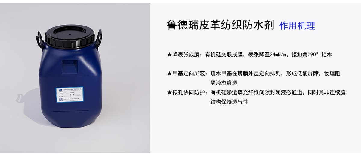 鲁德瑞皮革纺织防水剂作用机理
★降表张成膜：有机硅交联成膜，表张降至24mN/m，接触角>90°拒水
★甲基定向屏蔽：疏水甲基在薄膜外层定向排列，形成低能屏障，物理阻
隔液态渗透
★微孔协同防护：有机硅渗透填充纤维间隙封闭液态通道，同时其非连续膜
结构保持透气性