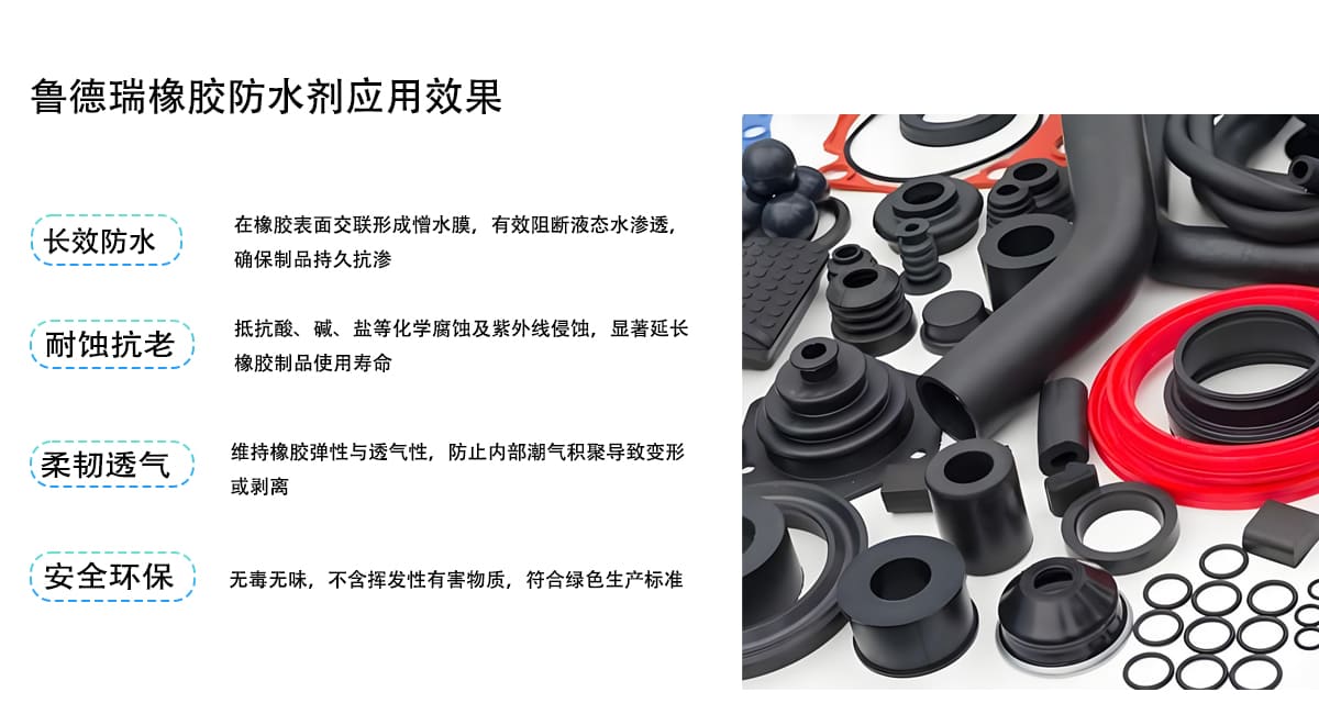 鲁德瑞橡胶防水剂应用效果
长效防水
在橡胶表面交联形成憎水膜，有效阻断液态水渗透，
确保制品持久抗渗
抵抗酸、碱、盐等化学腐蚀及紫外线侵蚀，显著延长
耐蚀抗老
橡胶制品使用寿命
柔韧透气
维持橡胶弹性与透气性，防止内部潮气积聚导致变形
或剥离
安全环保
无毒无味，不含挥发性有害物质，符合绿色生产标准