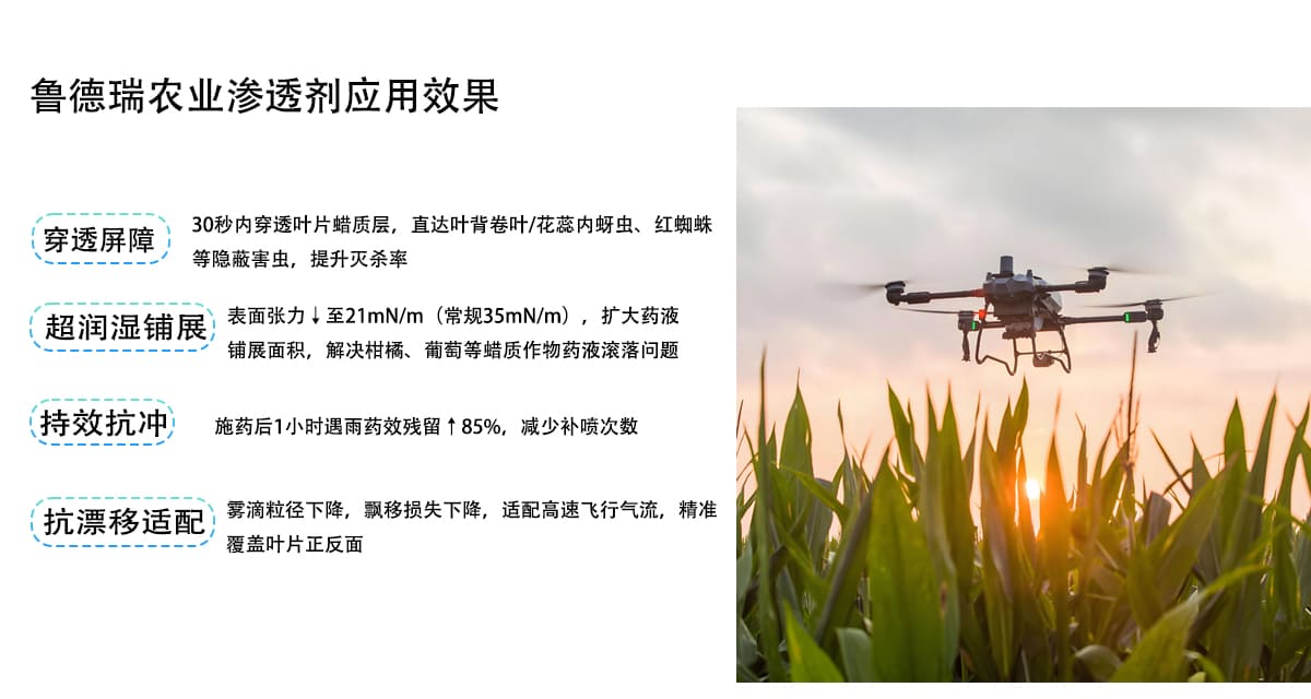 鲁德瑞农业渗透剂应用效果
30秒内穿透叶片蜡质层，直达叶背卷叶/花蕊内蚜虫、红蜘蛛
穿透屏障
等隐蔽害虫，提升灭杀率
超润湿铺展
表面张力↓至21mN/m（常规35mN/m)，扩大药液
铺展面积，解决柑橘、葡萄等蜡质作物药液滚落问题
持效抗冲
施药后1小时遇雨药效残留↑85%，减少补喷次数
抗漂移适配
雾滴粒径下降，飘移损失下降，适配高速飞行气流，精准
覆盖叶片正反面