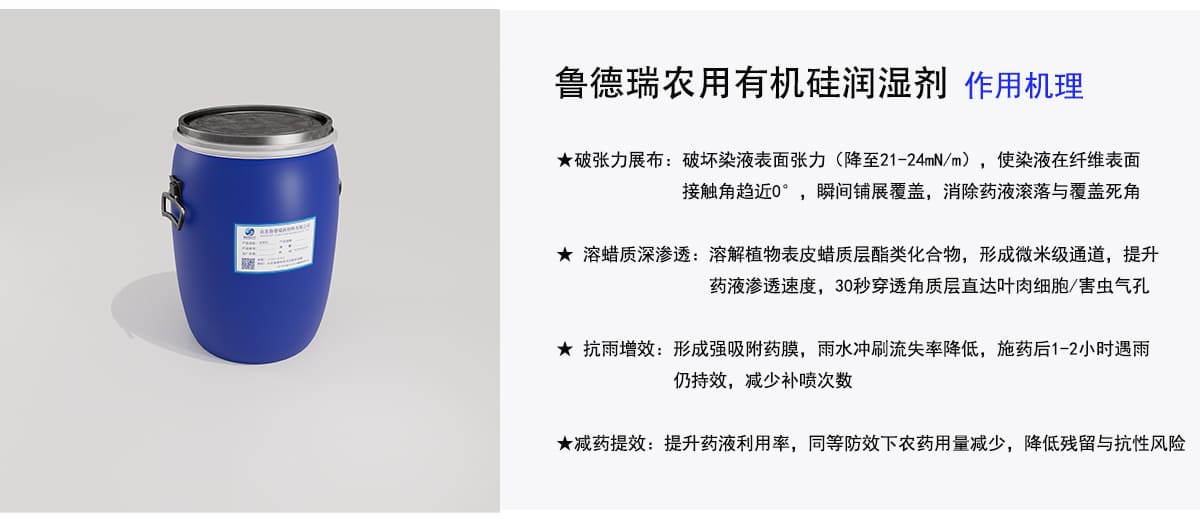 鲁德瑞农用有机硅润湿剂作用机理
★破张力展布：破坏染液表面张力（降至21-24mN/m），使染液在纤维表面
接触角趋近0。，瞬间铺展覆盖，消除药液滚落与覆盖死角
★溶蜡质深渗透：溶解植物表皮蜡质层酯类化合物，形成微米级通道，提升
药液渗透速度，30秒穿透角质层直达叶肉细胞/害虫气孔
★抗雨增效：形成强吸附药膜，雨水冲刷流失率降低，施药后1-2小时遇雨
仍持效，减少补喷次数
★减药提效：提升药液利用率，同等防效下农药用量减少，降低残留与抗性风险