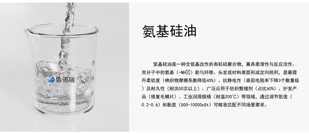 氨基硅油是一种含氨基改性的有机硅聚合物，兼具柔滑性与反应活性。
其分子中的氨基能与纤维、头发或材料表面形成定向排列，显著提
升柔软度（棉织物摩擦系数降低40%）、抗静电性（表面电阻率下降3个数量级
及耐久性（耐洗50次以上）。广泛应用于纺织整理剂（占比60%）、护发产
品（修复毛鳞片）、工业润滑脱模（耐温200C）等领域，通过调节氨值（
0.2-0.6）和黏度（500-10000cSt）可精准匹配不同场景需求。