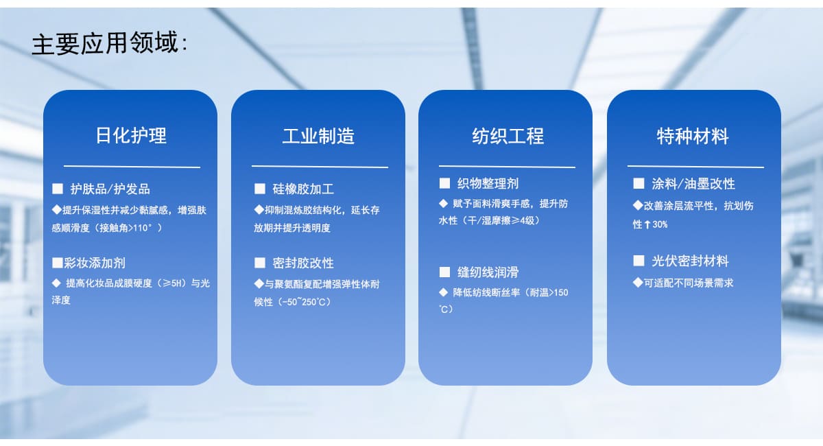 日化护理
护肤品/护发品
◆提升保湿性并减少黏腻感，增强肤
感顺滑度（接触角>110）
彩妆添加剂
提高化妆品成膜硬度（>5H）与光
泽度
工业制造
硅橡胶加工
抑制混炼胶结构化，延长存
放期并提升透明度
密封胶改性
◆与聚氨酯复配增强弹性体耐
候性（－50~250°℃）
纺织工程
织物整理剂
赋子面料滑爽手感，提升防
水性（千/湿摩擦>4级）
缝纫线润滑
降低纺线断丝率（耐温>150度）
特种材料
涂料/油墨改性
改善涂层流平性，抗划伤
性↑30%
光伏密封材料
可适配不同场景需求
