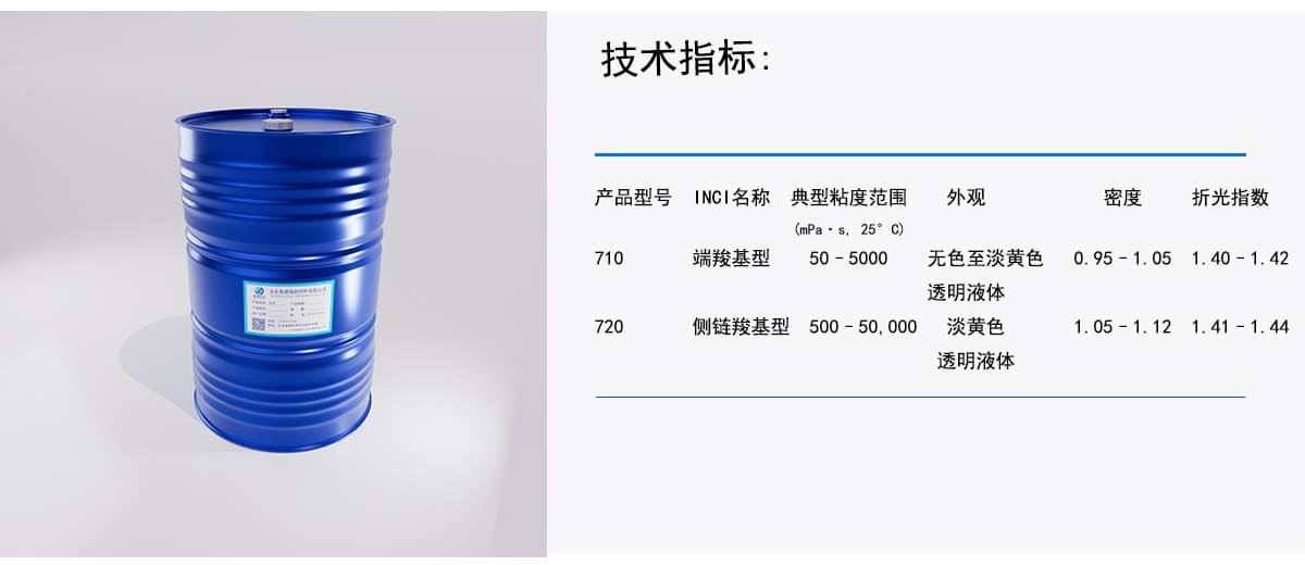 技术指标：
产品型号
外观
密度
折光指数
(mPa*s， 25° C)
INCI名称典型粘度范围
710
端羧基型
50-5000
无色至淡黄色
0.95-1.05
1.40-1.42
透明液体
720
淡黄色
1.05-1.12 1.41-1.44
500-50,000
侧链羧基型
透明液体