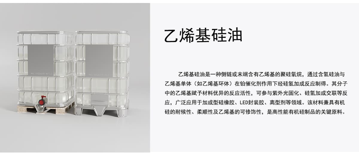 乙烯基硅油是一种侧链或末端含有乙烯基的聚硅氧烷，通过含氢硅油与
乙烯基单体（如乙烯基环体）在铂催化剂作用下经硅氢加成反应制得。其分子
中的乙烯基赋予材料优异的反应活性，可参与紫外光固化、硅氢加成交联等反
应，广泛应用于加成型硅橡胶、LED封装胶、离型剂等领域。该材料兼具有机
硅的耐候性、柔顺性及乙烯基的可修饰性，是高性能有机硅制品的关键原料。