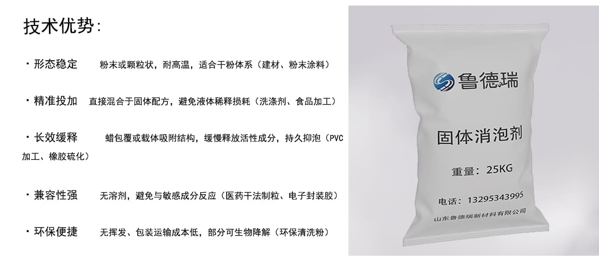 技术优势：
·形态稳定
粉末或颗粒状，耐高温，适合干粉体系（建材、粉末涂料）
·精准投加直接混合于固体配方，避免液体稀释损耗（洗涤剂、食品加工）
·长效缓释
蜡包覆或载体吸附结构，缓慢释放活性成分，持久抑泡（PVC
加工、橡胶硫化)
●兼容性强
无溶剂，避免与敏感成分反应（医药干法制粒、电子封装胶）
·环保便捷
无挥发、包装运输成本低，部分可生物降解（环保清洗粉）