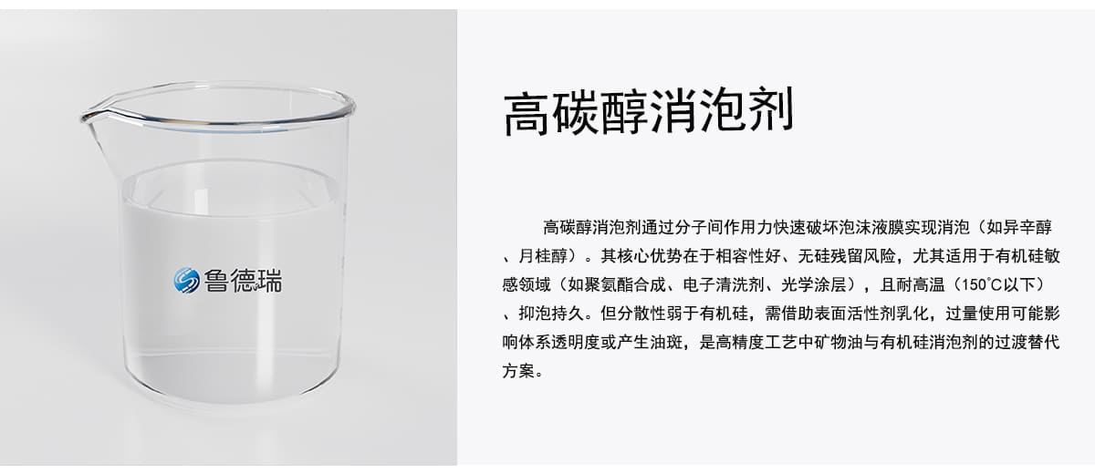 高碳醇消泡剂通过分子间作用力快速破坏泡沫液膜实现消泡（如异辛醇
、月桂醇）。其核心优势在于相容性好、无硅残留风险，尤其适用于有机硅敏
感领域（如聚氨酯合成、电子清洗剂、光学涂层），且耐高温（150C以下）
、抑泡持久。但分散性弱于有机硅，需借助表面活性剂乳化，过量使用可能影
响体系透明度或产生油斑，是高精度工艺中矿物油与有机硅消泡剂的过渡替代
方案。