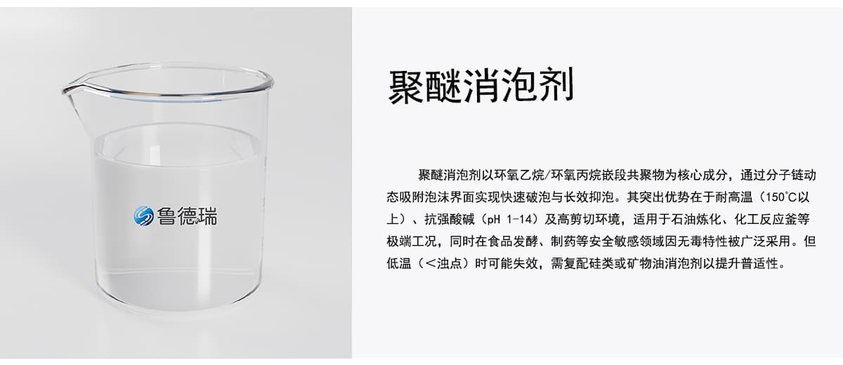 聚醚消泡剂以环氧乙烷/环氧丙烷嵌段共聚物为核心成分，通过分子链动
态吸附泡沫界面实现快速破泡与长效抑泡。其突出优势在于耐高温（150C以
上）、抗强酸碱（pH1-14）及高剪切环境，适用于石油炼化、化工反应釜等
极端工况，同时在食品发酵、制药等安全敏感领域因无毒特性被广泛采用。但
低温（<浊点）时可能失效，需复配硅类或矿物油消泡剂以提升普适性。