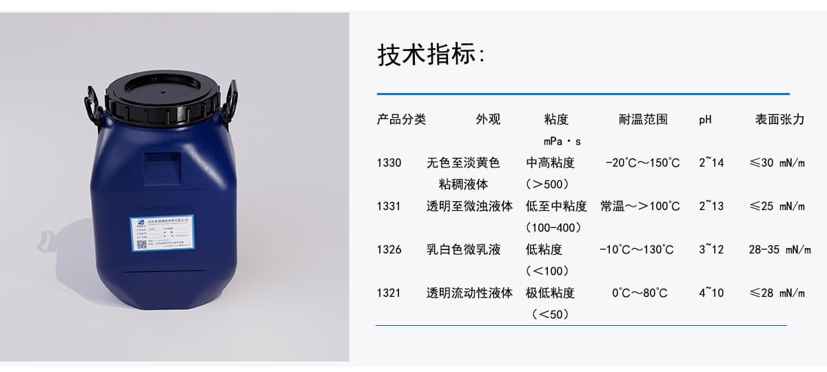 技术指标：
外观
粘度
耐温范围
表面张力
pH
产品分类
mPa·s
中高粘度
-20℃~150℃
2°14
无色至淡黄色
1330
≤30 mN/m
粘稠液体
(>500)
1331
透明至微浊液体
低至中粘度
常温~>100°℃
2