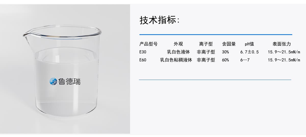 技术指标：
离子型
含固量
外观
产品型号
pH值
表面张力
乳白色液体
非离子型
6.7士0.5
30%
E30
15.9~21.5mN/m
非离子型
67
60%
E60
乳白色粘稠液体
R
15.9~21.5mN/m
