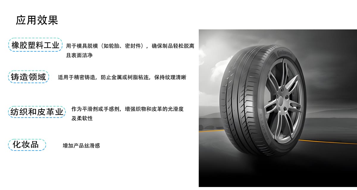 橡胶塑料工业
用于模具脱模（如轮胎、密封件），确保制品轻松脱离
且表面洁净
(铸造领域
适用于精密铸造，防止金属或树脂粘连，保持纹理清晰
(纺织和皮革业
作为平滑剂或手感剂，增强织物和皮革的光滑度
及柔软性
化妆品
增加产品丝滑感