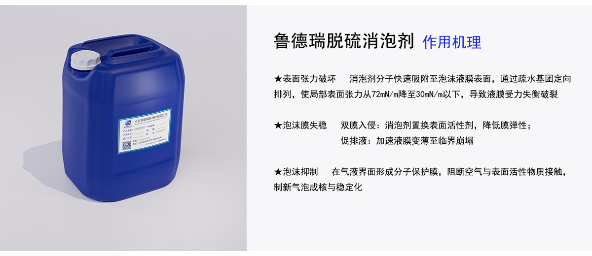 鲁德瑞脱硫消泡剂作用机理
★表面张力破坏消泡剂分子快速吸附至泡沫液膜表面，通过疏水基团定向
排列，使局部表面张力从72mN/m降至30mN/m以下，导致液膜受力失衡破裂
★泡沫膜失稳
双膜入侵：消泡剂置换表面活性剂，降低膜弹性；
促排液：加速液膜变薄至临界崩塌
★泡沫抑制在气液界面形成分子保护膜，阻断空气与表面活性物质接触，
制新气泡成核与稳定化