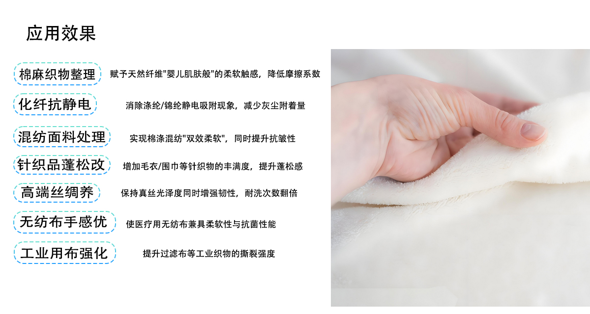应用效果
棉麻织物整理
赋予天然纤维”婴儿肌肤般”的柔软触感，降低摩擦系数
化纤抗静电
消除涤纶/锦纶静电吸附现象，减少灰尘附着量
混纺面料处理
实现棉涤混纺”双效柔软”，同时提升抗皱性
针织品蓬松改
增加毛衣/围巾等针织物的丰满度，提升蓬松感
高端丝绸养
保持真丝光泽度同时增强韧性，耐洗次数翻倍
无纺布手感优
使医疗用无纺布兼具柔软性与抗菌性能
工业用布强化
提升过滤布等工业织物的撕裂强度