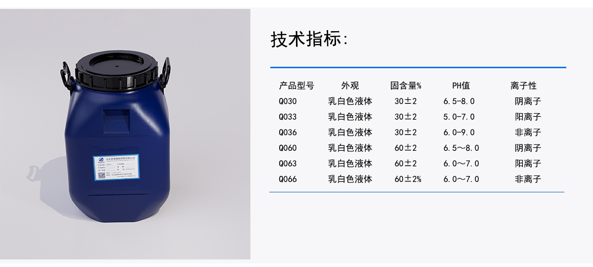 技术指标：
PH值
离子性
外观
产品型号
固含量%
30±2
6. 5-8.0
阴离子
乳白色液体
Q030
乳白色液体
30士2
阳离子
5.0-7.0
Q033
30士2
非离子
乳白色液体
Q036
6. 0-9.0
乳白色液体
60士2
阴离子
6. 5~8. 0
QO60
60士2
6. 0～7.0
阳离子
乳白色液体
Q063
乳白色液体
60士2%
非离子
6. 0~7.0
Q066