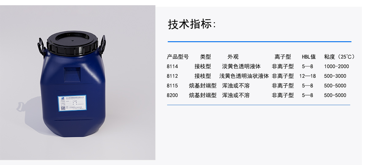 技术指标：
类型
外观
离子型
HBL值
粘度（25°C)
接枝型
产品型号
8114
淡黄色透明液体
非离子型
5-8
1000-2000
接枝型
浅黄色透明油状液体非离子型
12-—-18
500-3000
烷基封端型
8112
8115
非离子型
5-8
500-5000
非离子型
浑浊或不溶
烷基封端型
浑浊或不溶
5-8
500-5000
8200