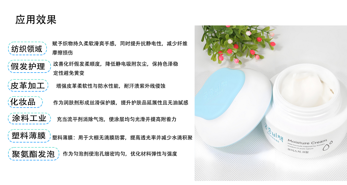 应用效果
赋予织物持久柔软滑爽手感，同时提升抗静电性，减少纤维
纺织领域
摩擦损伤
假发护理
改善化纤假发柔顺度，降低静电吸附灰尘，保持色泽稳
定性避免黄变
皮革加工
增强皮革柔软性与防水性能，耐汗渍紫外线侵蚀
（化妆品
作为润肤剂形成丝滑保护膜，提升护肤品延展性且无油腻感
涂料工业
充当流平剂消除气泡，使涂层均匀光滑并提高附着力
塑料薄膜
塑料薄膜：用于大棚无滴膜防雾，提高透光率并减少水滴积聚
聚氨酯发泡
作为匀泡剂使泡孔细密均匀，优化材料弹性与强度